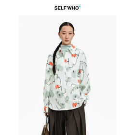 SELFWHO棉混纺满印兰花图案衬衫女2026春季新款宽松落肩上衣