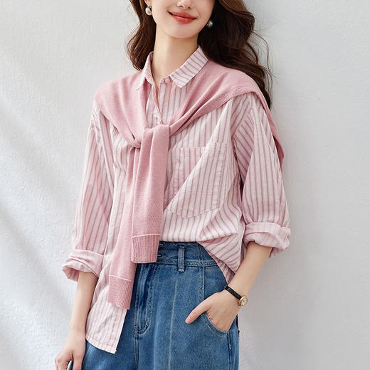 条纹衬衫女长袖2026春装新款上衣针织披肩上衣设计感女式衬衣   MJ-51076 商品图1