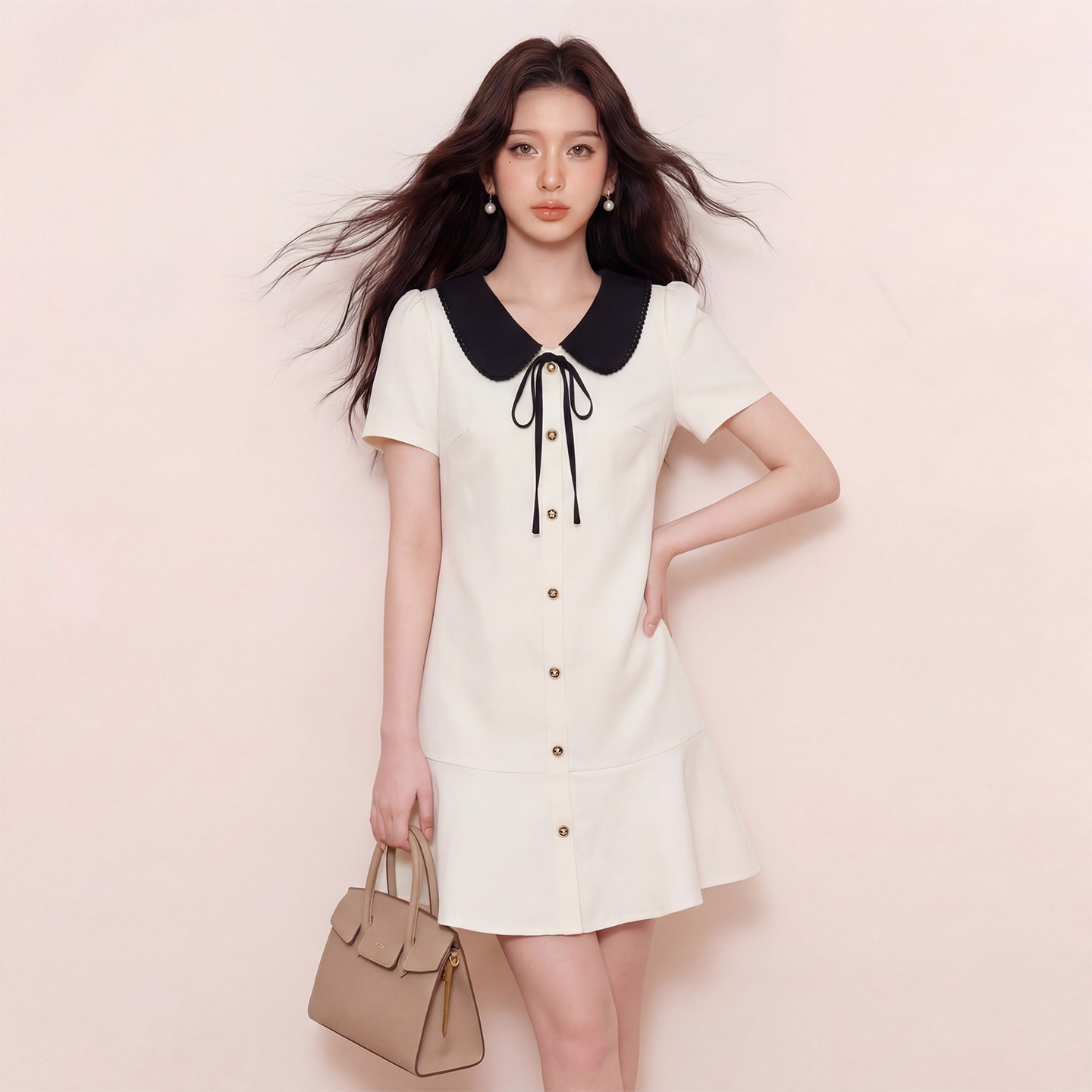 奢姿大码女装2026夏季时尚撞色娃娃领连衣裙胖妹妹气质小香风长裙9962854579