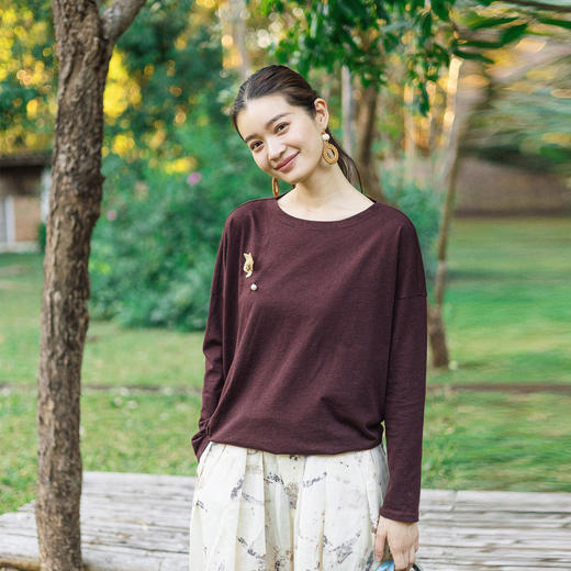 特绽放128朵/斜裁花纱T*桑蚕丝棉花纱一字领不对称下摆长袖T恤女 商品图1