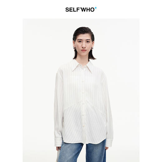 SELFWHO醋酯混纺不规则拼接条纹衬衫女2026春季新款翻领宽松上衣 商品图0