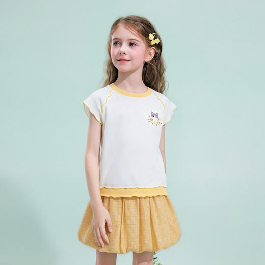 笛莎/Deesha 【观山见】2026年夏季新款女童中大童国风绣花撞色拼接短袖T恤 商品图1