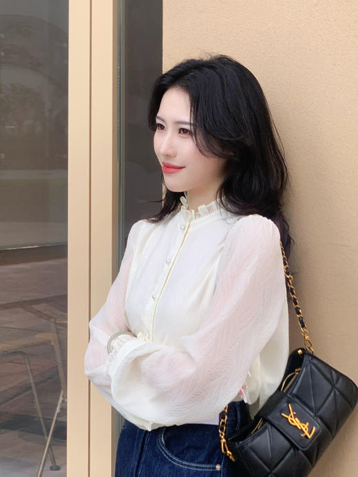 【百图定制】【白月光衬衫】木耳边衣领 设计感长袖花边立领 衬衫 商品图1