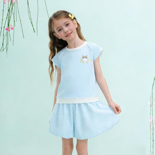 笛莎/Deesha 【观山见】2026年夏季新款女童中大童国风绣花撞色拼接短袖T恤 商品图3