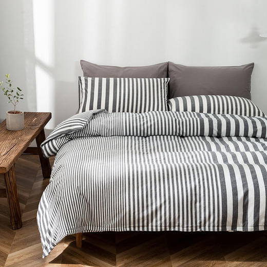 无印水洗棉渐变格子四件套良品渐变条纹四件套纯棉床上用品日式 商品图1