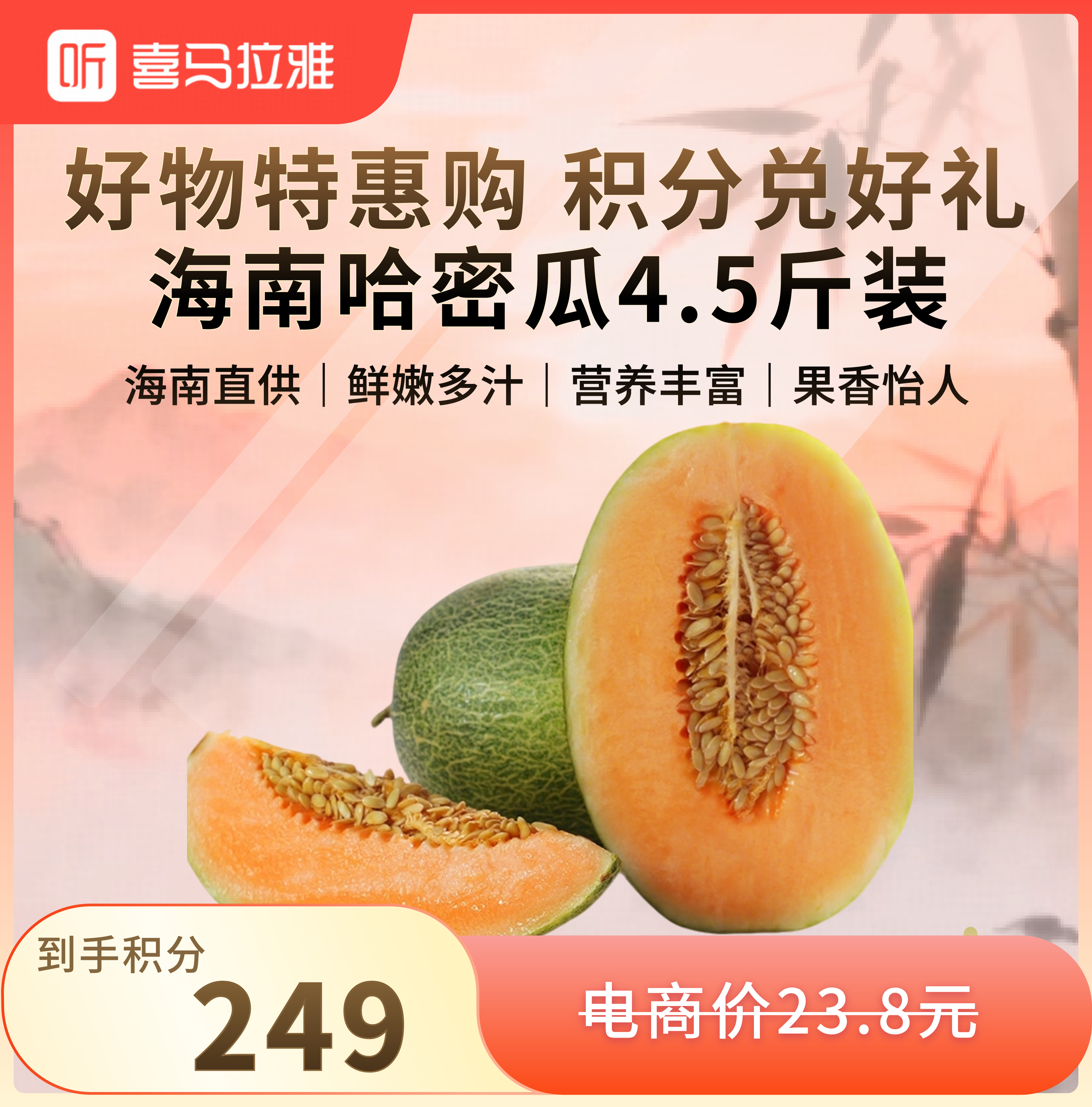 【积分兑换】海南哈密瓜4.5斤装 2-4粒