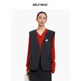 SELFWHO绵羊毛混纺经典V领无袖马甲女2026春季新款一粒扣宽松马夹