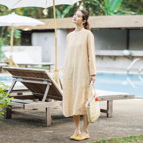 特绽放125朵/岁月静好*色织亚麻条纹新中式立领斜襟七分袖连衣裙
