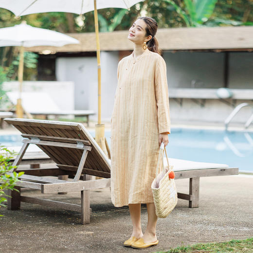特绽放125朵/岁月静好*色织亚麻条纹新中式立领斜襟七分袖连衣裙 商品图0