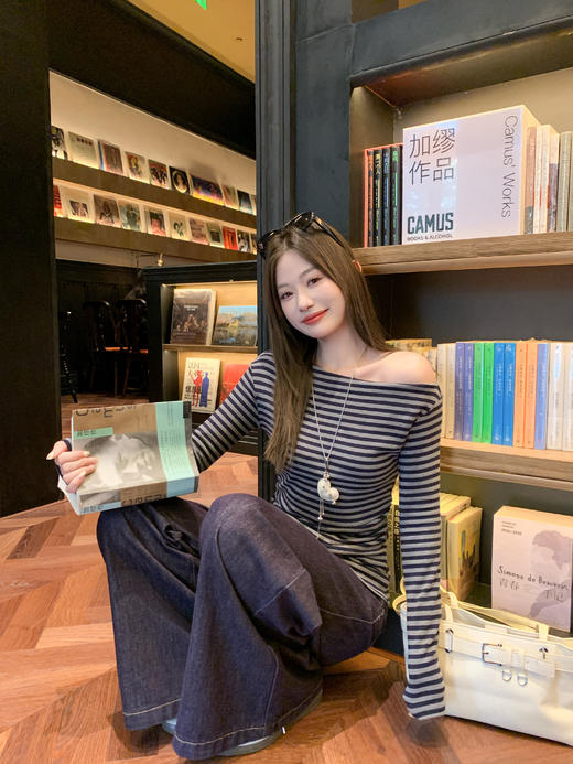 <曾小咸推荐>3.10现货秒杀 ！微信超特价！韩系蓝色条纹长袖露肩t 日常129.99 立减70 秒杀59.99！！ 商品图14