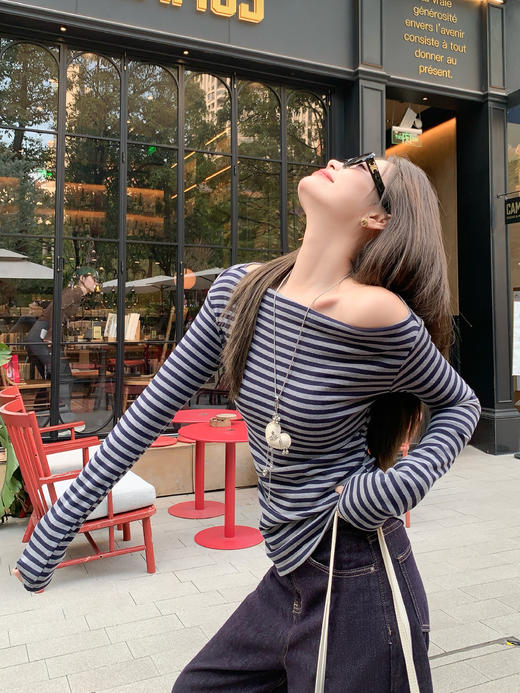 <曾小咸推荐>3.10现货秒杀 ！微信超特价！韩系蓝色条纹长袖露肩t 日常129.99 立减70 秒杀59.99！！ 商品图13