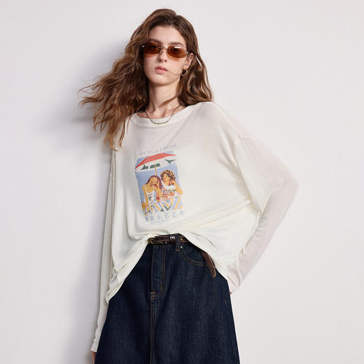 初语天丝羊毛罩衫女2026新款微透感轻薄丝滑度假印花上衣 商品图1