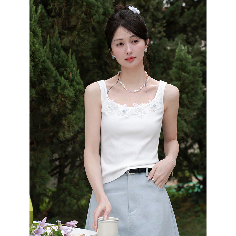 鹿向南「清冷茉莉」白色无袖吊带背心内搭女夏季新款修身短款上衣