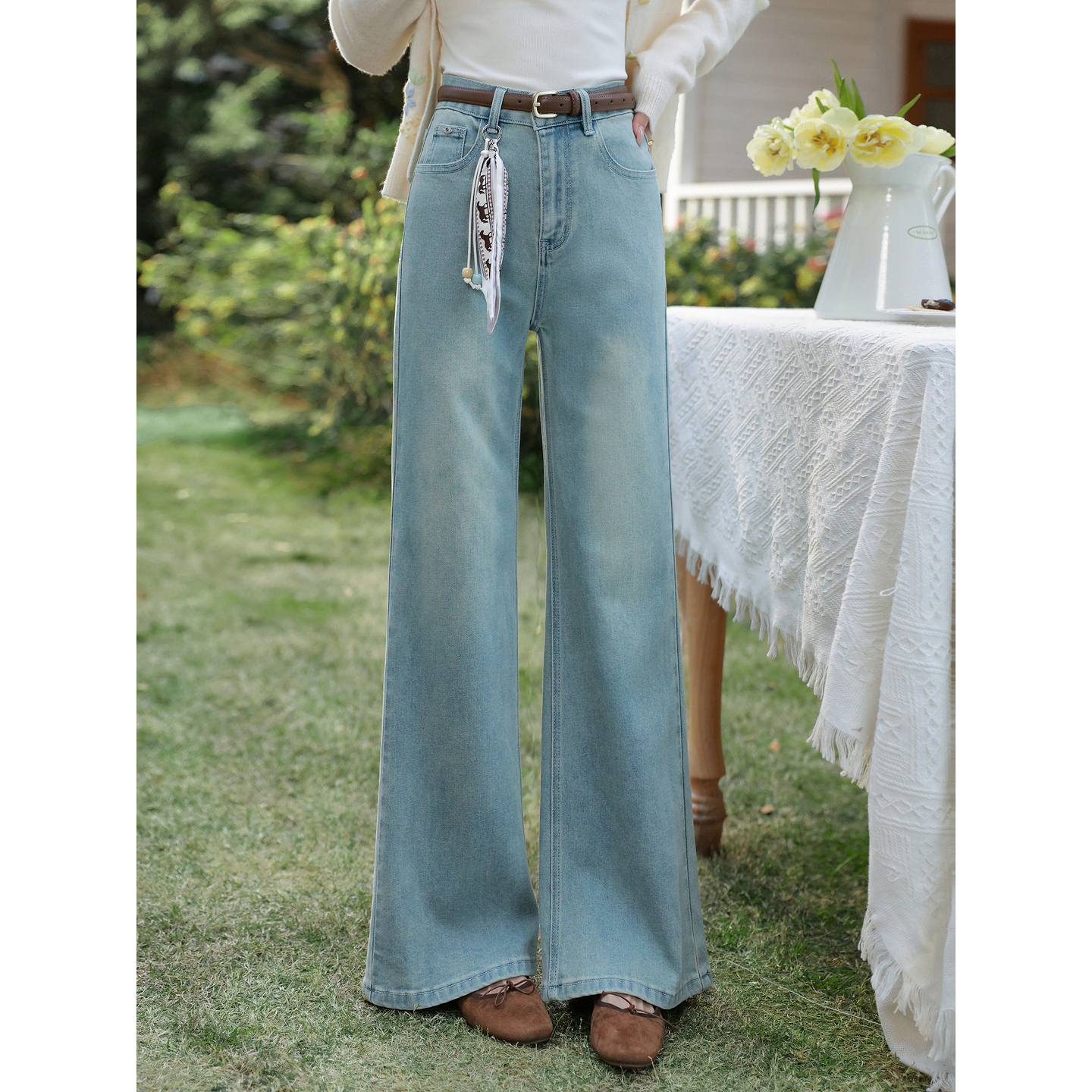 鹿向南「丹宁艺术家」洋气蓝色牛仔裤女春夏新款宽松微喇长款裤子