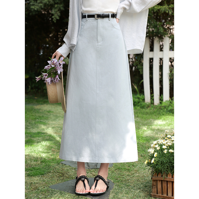 鹿向南「旧蓝回忆」蓝色半身裙女春新款高腰修身长款显瘦A字裙子