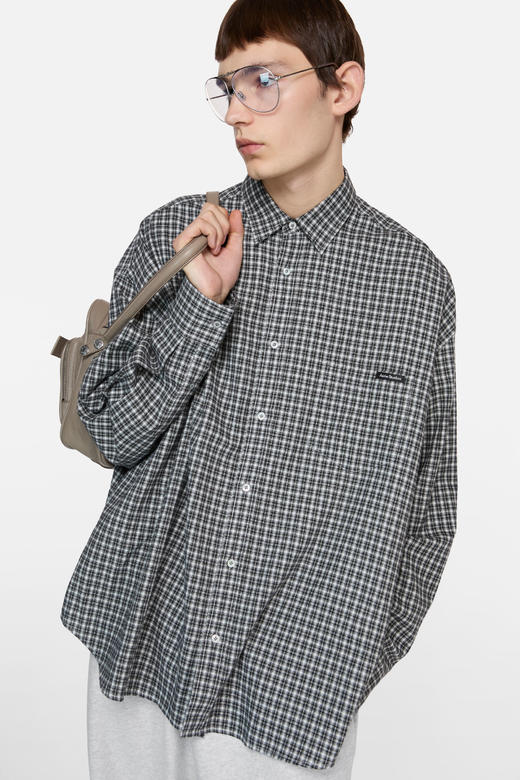 复古格纹衬衫，胸口小标设计。水洗做旧纯棉翻领长袖衬衣E030760 商品图6