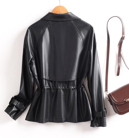 新款风衣翻领双排包扣腰间抽绳绵羊皮夹克 商品图9