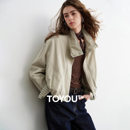 初语竹节棉外套女2026新款短款花苞廓形条纹翻袖设计立领上衣 商品图0