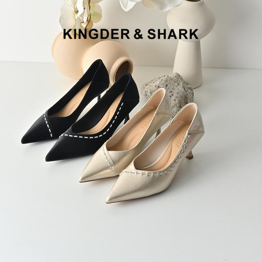 经典鲨2026年春专柜新品6cm气质尖头高细跟水钻高跟鞋单鞋女KW127-617011 商品图0