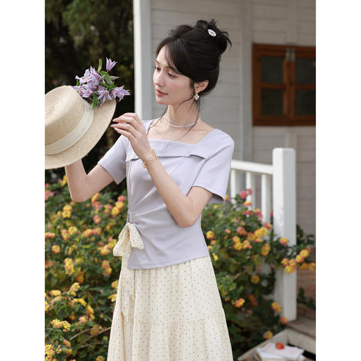 鹿向南「卢浮月桂」不规则紫色短袖T恤女夏收腰显瘦蝴蝶结上衣 商品图1