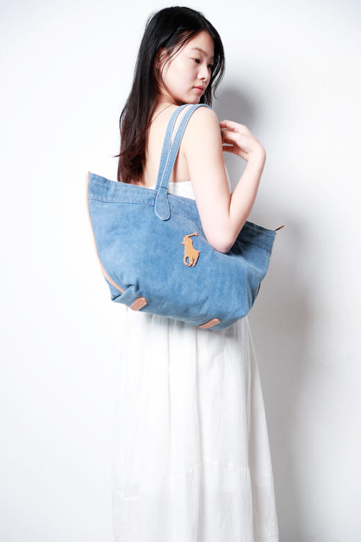 好美好美！！是丹宁托特包，牛皮革拼接大容量水洗单肩包E030766 商品图13