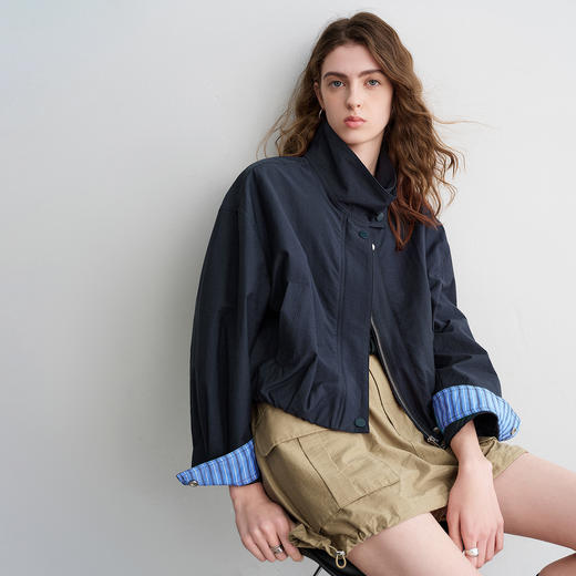 初语竹节棉外套女2026新款短款花苞廓形条纹翻袖设计立领上衣 商品图1