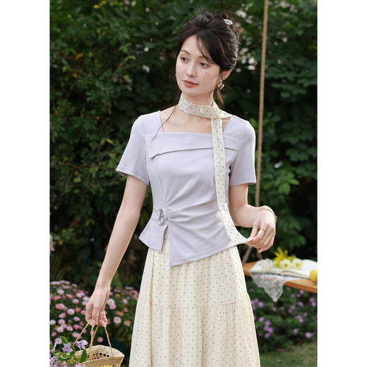 鹿向南「卢浮月桂」不规则紫色短袖T恤女夏收腰显瘦蝴蝶结上衣 商品图2