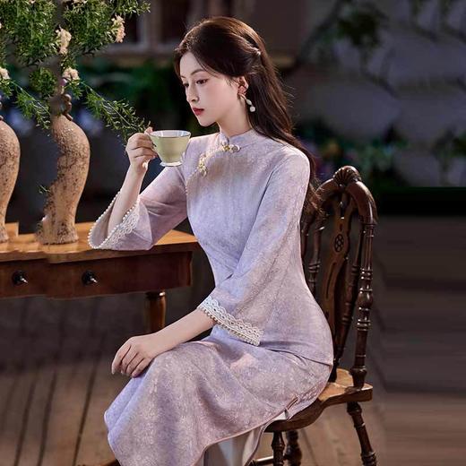 紫色国风新中式长袖旗袍改良年轻款高级感复古修身收腰旗袍SC21920 商品图0