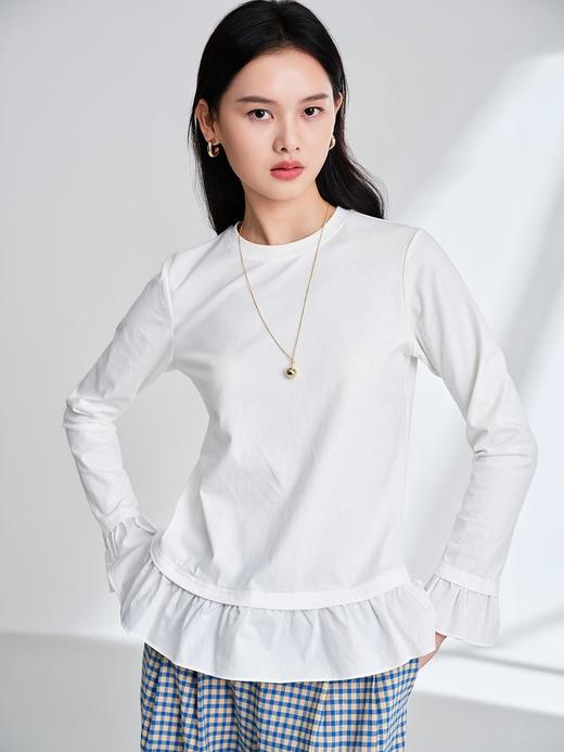 EP雅荷叶边拼接长袖新疆长绒棉打底T恤 商品图0