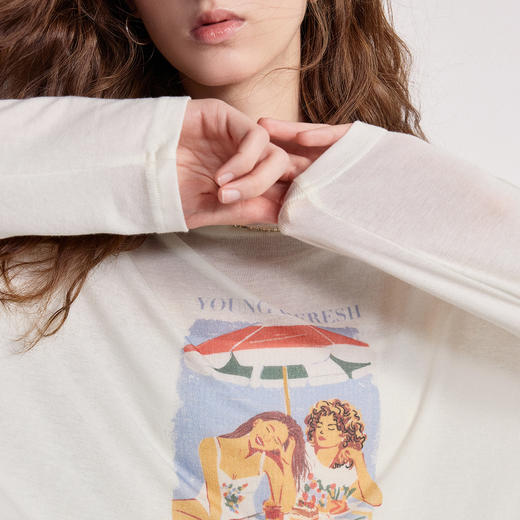 初语天丝羊毛罩衫女2026新款微透感轻薄丝滑度假印花上衣 商品图3