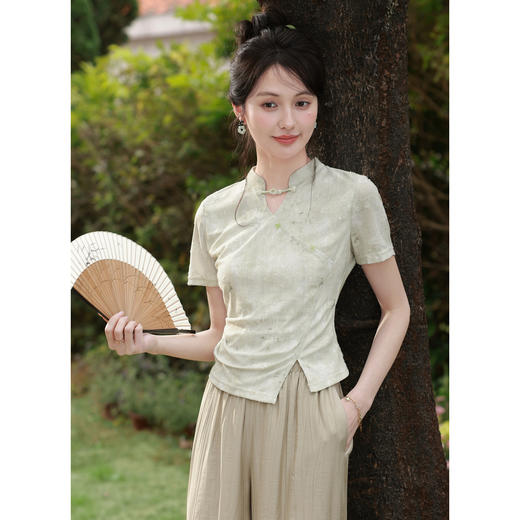 鹿向南「一帘风月」新中式国风盘扣短袖T恤女夏季设计感立领上衣 商品图1