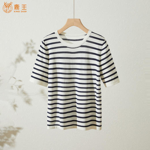 King Deer/鹿王春夏女士休闲时尚圆领短袖针织条纹衫L804022拼色 商品图8