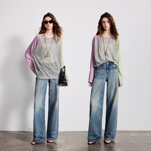 初语空气感竹节麻针织衫女2026新款圆领宽松不对称撞色上衣 商品图4