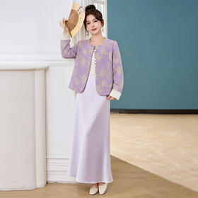 新中式提花圆领单排扣外套女春宽松洋气上衣半裙套装SSQJRA1280-6