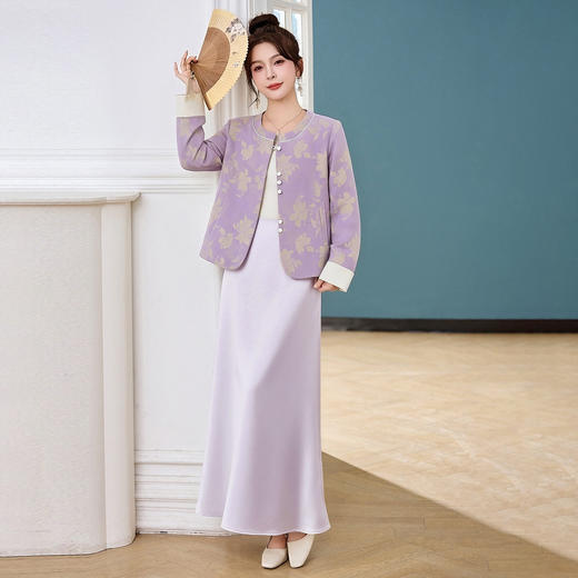 新中式提花圆领单排扣外套女春宽松洋气上衣半裙套装SSQJRA1280-6 商品图0