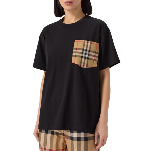 【二】BURBERRY 巴宝莉 女士格纹口袋棉质圆领短袖T恤 黑色 8103970 A1189 商品图1