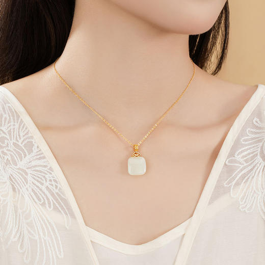 祥云如意小方糖纯银925项链新中式国潮和田玉锁骨链无事牌吊坠D1814 商品图1