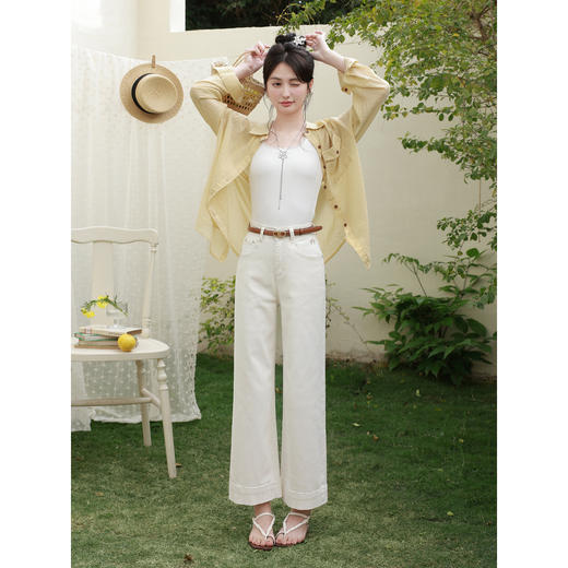 鹿向南「漫步边界」高腰休闲杏色牛仔裤女春夏季新款宽松阔腿裤子 商品图1