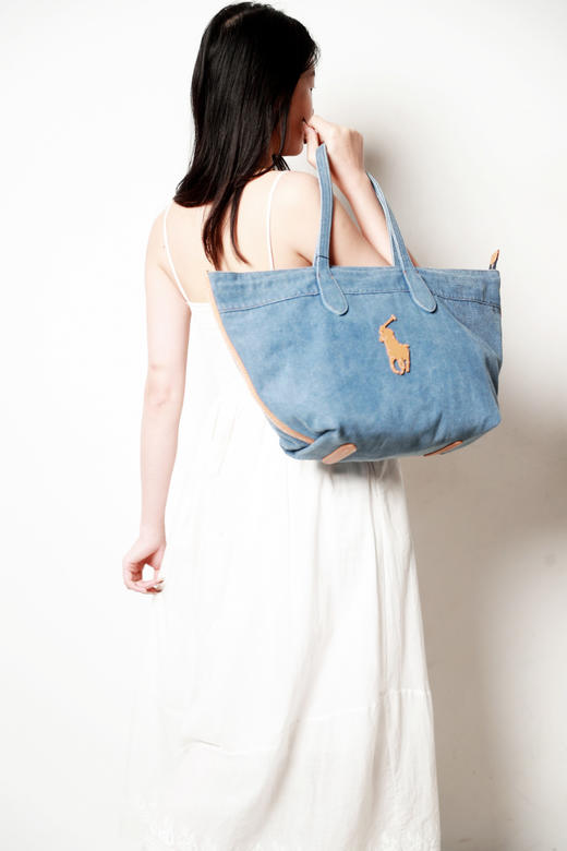 好美好美！！是丹宁托特包，牛皮革拼接大容量水洗单肩包E030766 商品图0