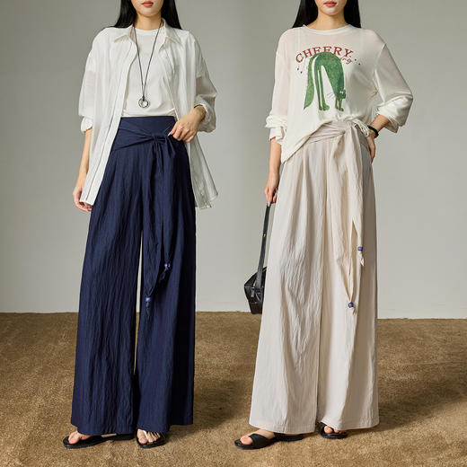 初语休闲裤女2026新款交叉系带设计波西米亚风松弛感大阔腿裤 商品图4