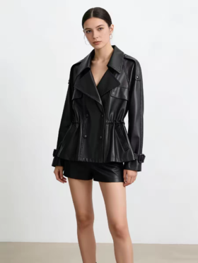 新款风衣翻领双排包扣腰间抽绳绵羊皮夹克