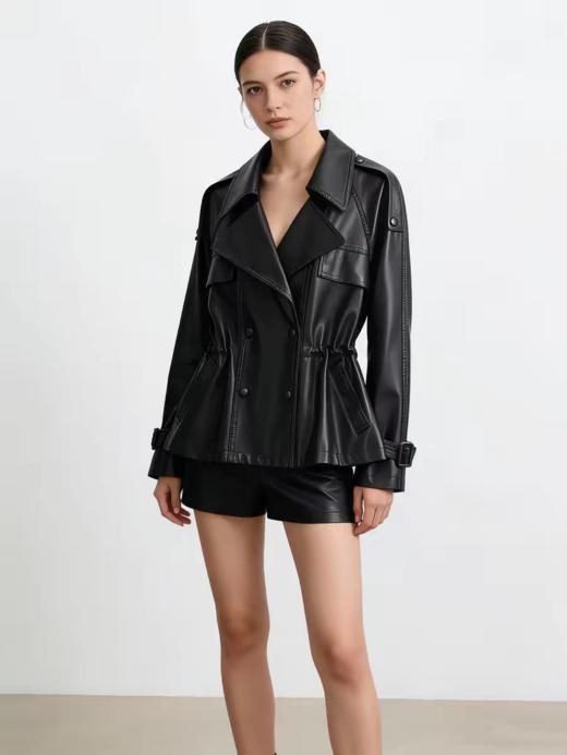 新款风衣翻领双排包扣腰间抽绳绵羊皮夹克 商品图0