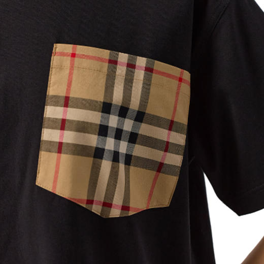【二】BURBERRY 巴宝莉 女士格纹口袋棉质圆领短袖T恤 黑色 8103970 A1189 商品图3