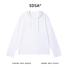 SDSA秋季高级感新款男士纯色半纽扣连帽抽绳长袖T恤宽松百搭上衣