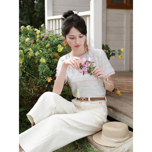 鹿向南「流光花语」粉色T恤短袖女夏蕾丝领撞色正肩显瘦百搭上衣 商品图4