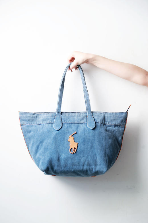 好美好美！！是丹宁托特包，牛皮革拼接大容量水洗单肩包E030766 商品图4