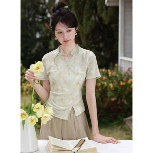 鹿向南「一帘风月」新中式国风盘扣短袖T恤女夏季设计感立领上衣 商品图0