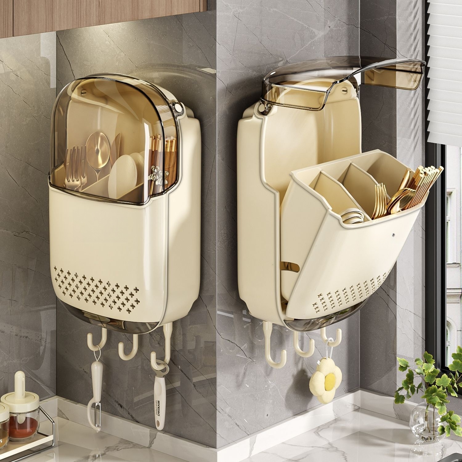 【倾斜式收纳架！餐具沥水收纳挂架】耐用易清洗 家居免打孔筷子筒壁挂式厨房沥水防尘置物架挂