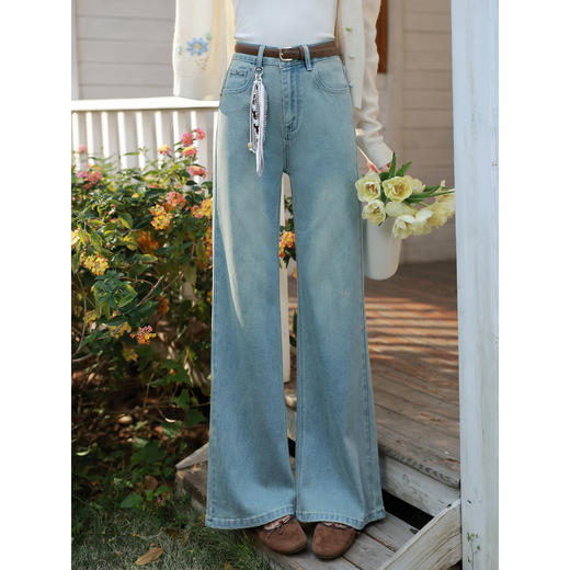 鹿向南「丹宁艺术家」洋气蓝色牛仔裤女春夏新款宽松微喇长款裤子 商品图3