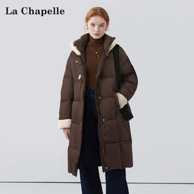 天猫同步【官网2k+重磅】拉夏贝尔/La Chapelle撞色抽绳连帽羽绒服女设计感时尚通勤长款保暖外套